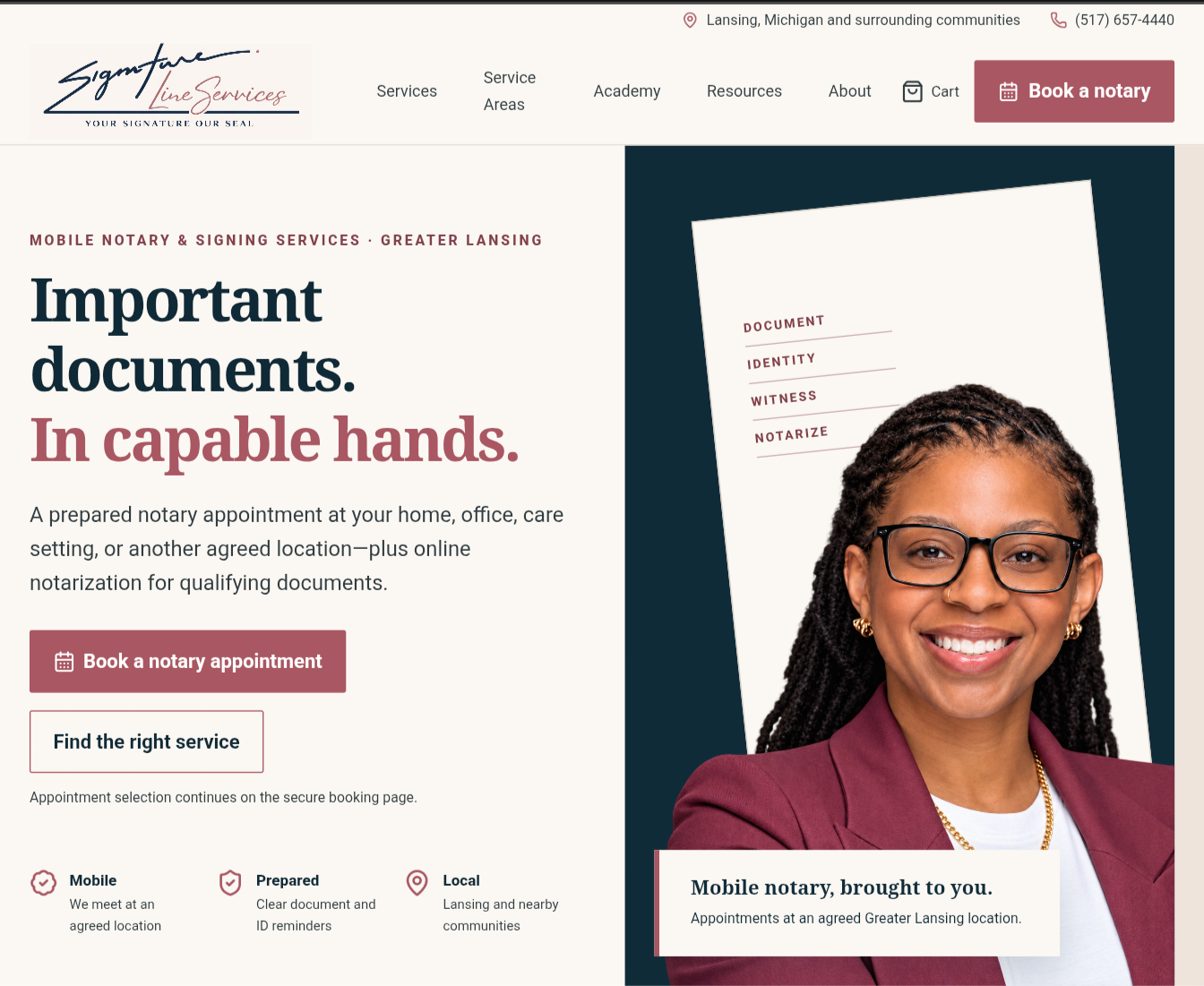 Redesigned Signature Line Services homepage featuring mobile notary services, academy resources, and appointment booking