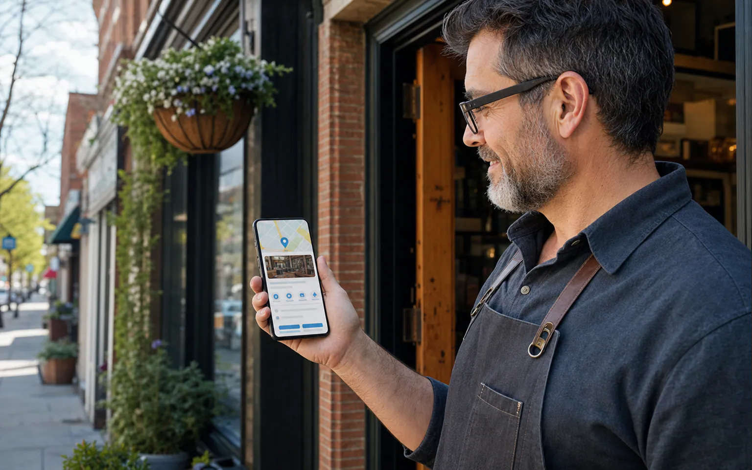 A local storefront owner reviewing a map listing on a mobile phone
