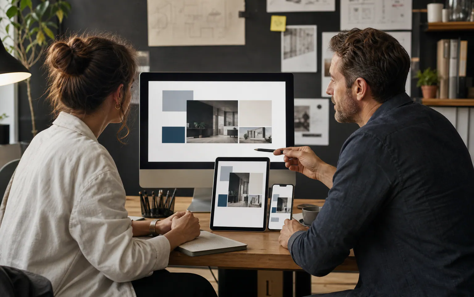 A business owner reviewing a responsive website across desktop, tablet, and phone