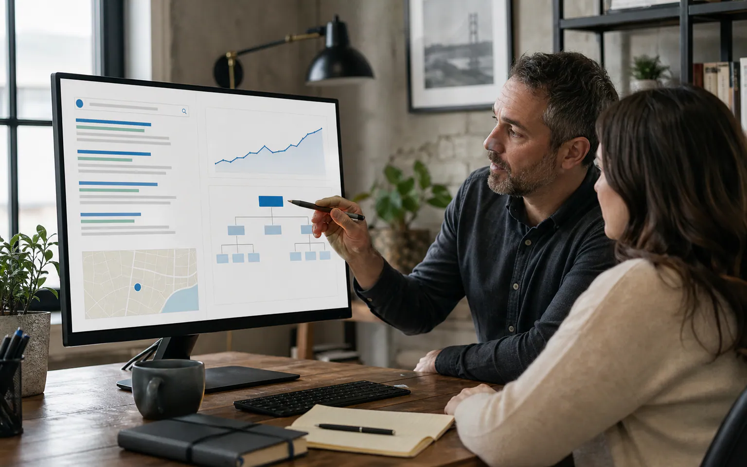 A business owner and SEO consultant reviewing search visibility and website structure