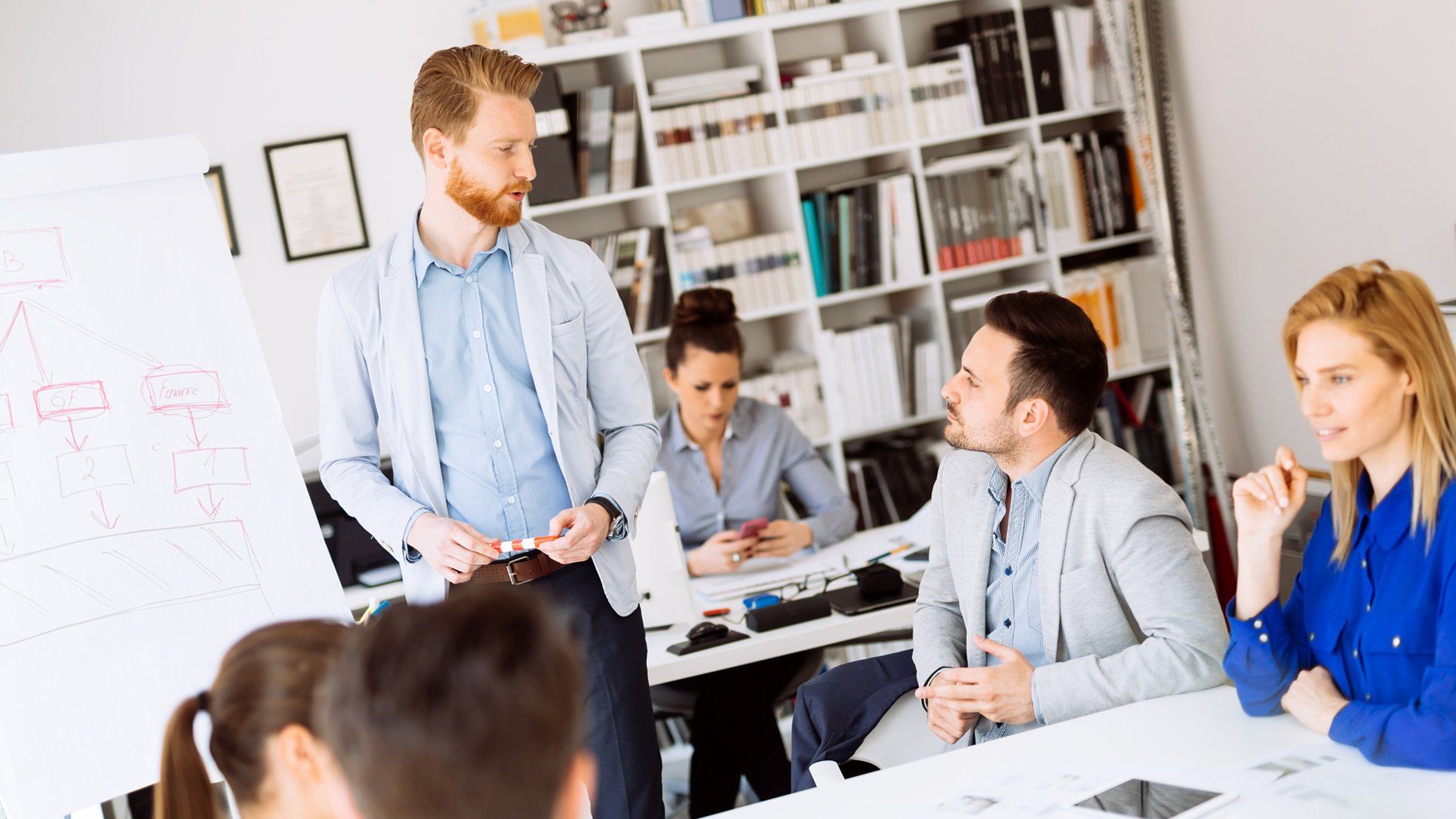 A business team discussing strategy in a meeting